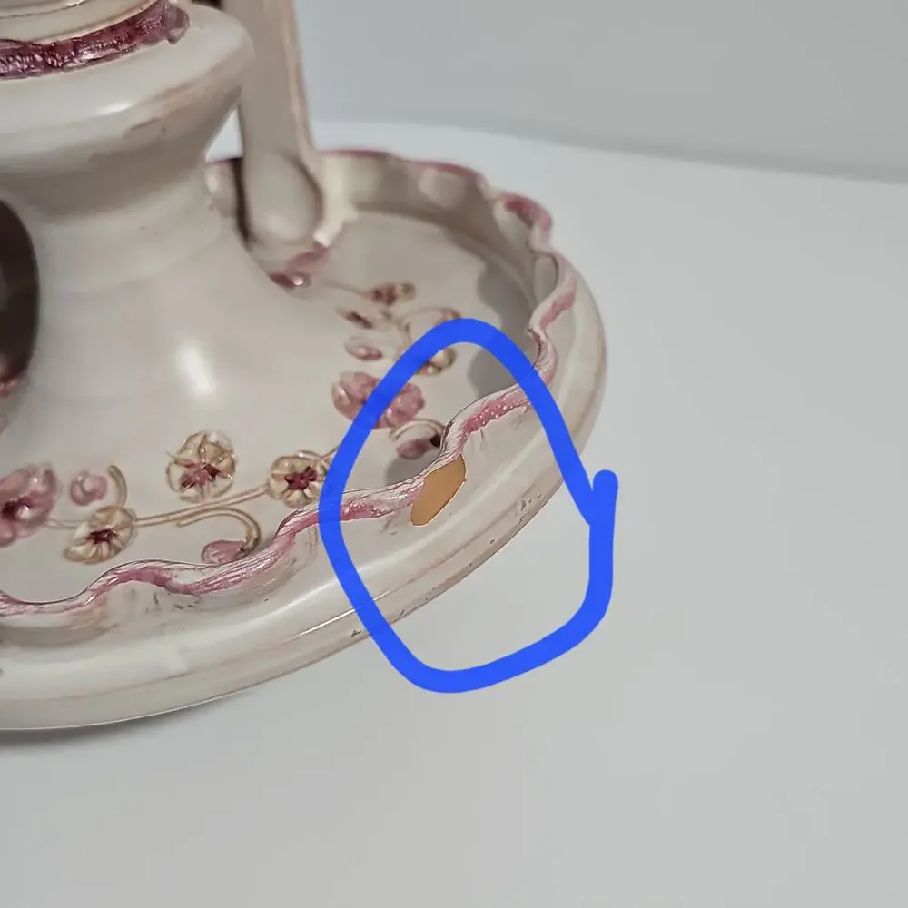 Hand Painted Ceramic Chamberstick Candle Holder Pink Scallop Edge Floral Motif